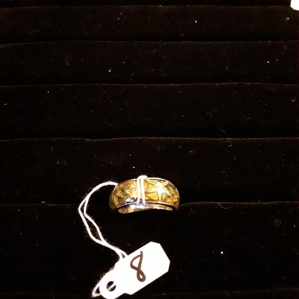 Yellow stars glass,  silver tone ring